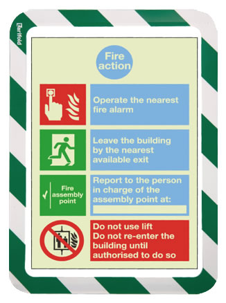 Green safety sign showing content.